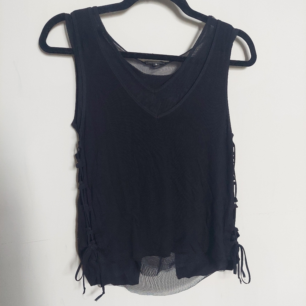 Komarov Black Sleeveless Top with Mesh Under Top, Side Ties, & Split Back Size S